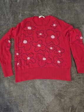 Brit NY Red Sweater Beaded Flowers Whimsy Embroidered Fairy Cottagecore Unique,